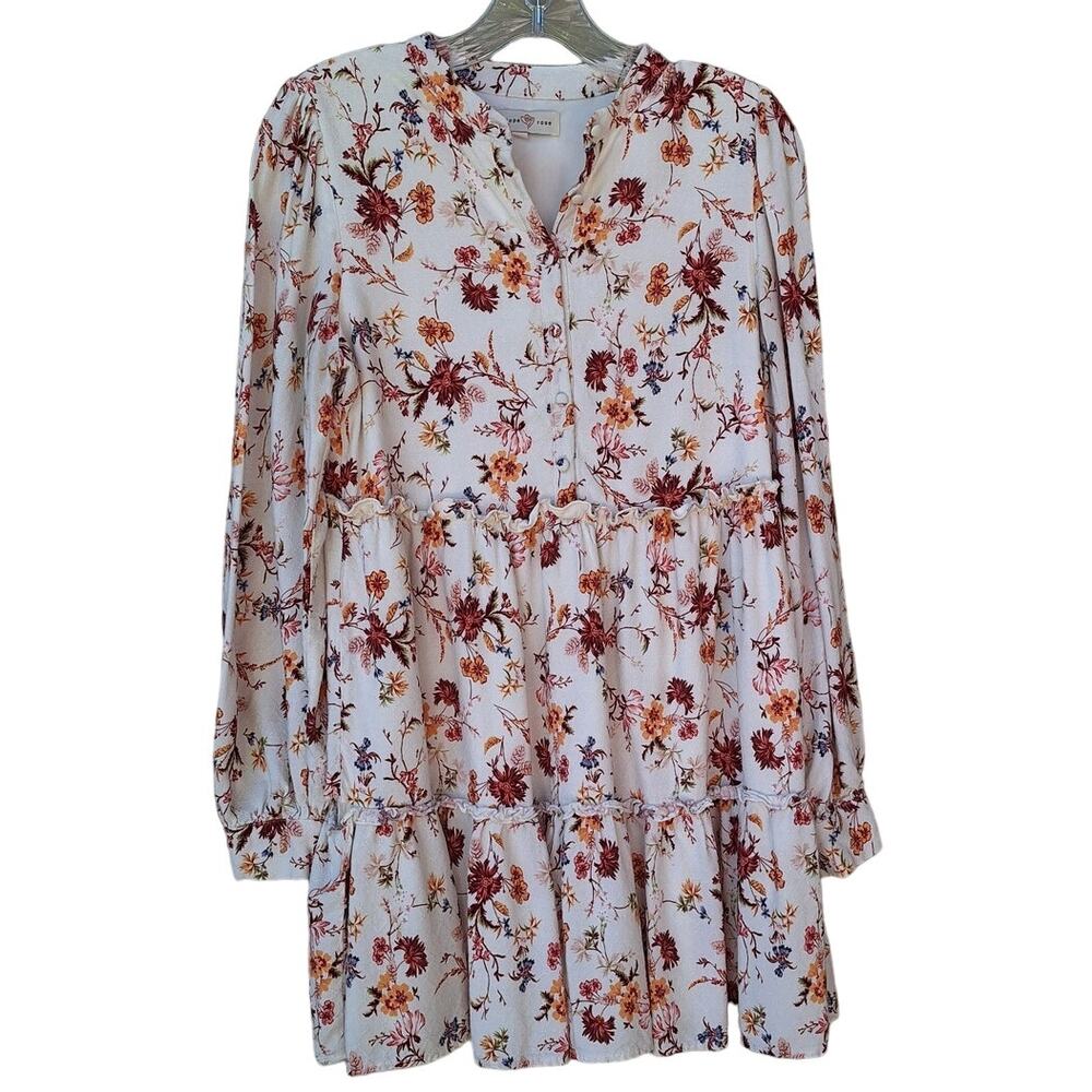 Penelope Rose Boho Cottage Peasant Tiered Long Sleeves Floral Mini Dress S Rayon
